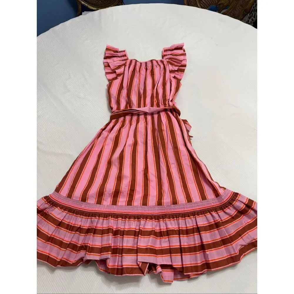Kate Spade Calais Ruffle Dress Pink Stripe Flutter Belt Size XXS New